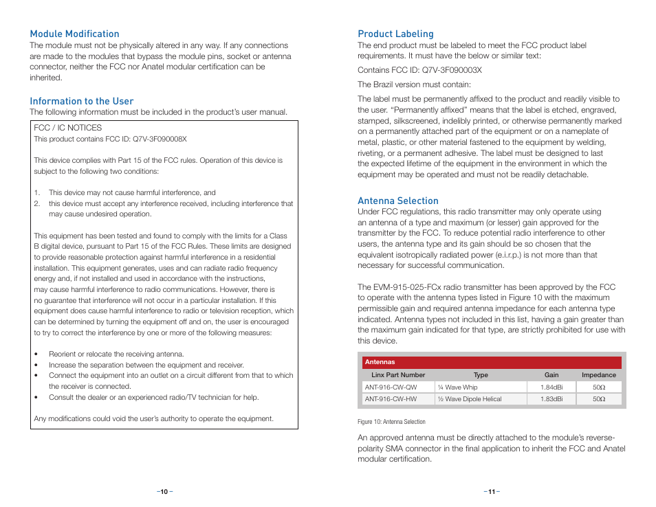 Module modification, Information to the user, Product labeling | Antenna selection | Linx Technologies EVM-915-025 User Manual | Page 8 / 9