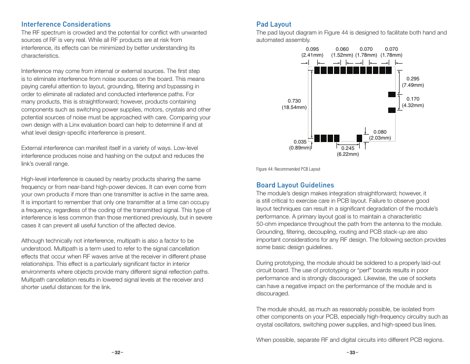 Interference considerations, Pad layout, Board layout guidelines | Linx Technologies TRM-915-DTS User Manual | Page 19 / 25