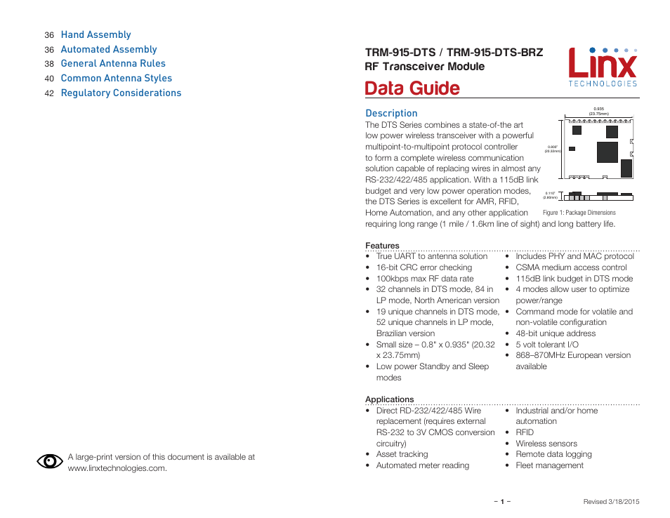 Description, Data guide | Linx Technologies TRM-915-DTS User Manual | Page 3 / 25