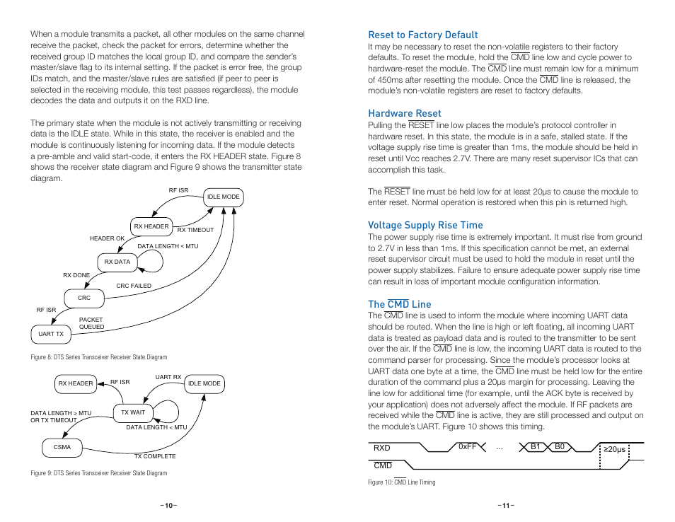 Reset to factory default, Hardware reset, Voltage supply rise time | The cmd line | Linx Technologies TRM-915-DTS User Manual | Page 8 / 25