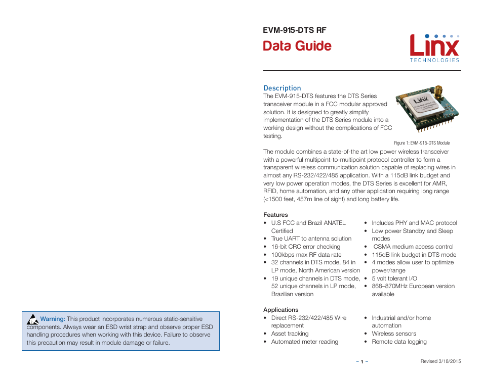 Description, Data guide, Evm-915-dts rf | Linx Technologies EVM-915-DTS User Manual | Page 3 / 9