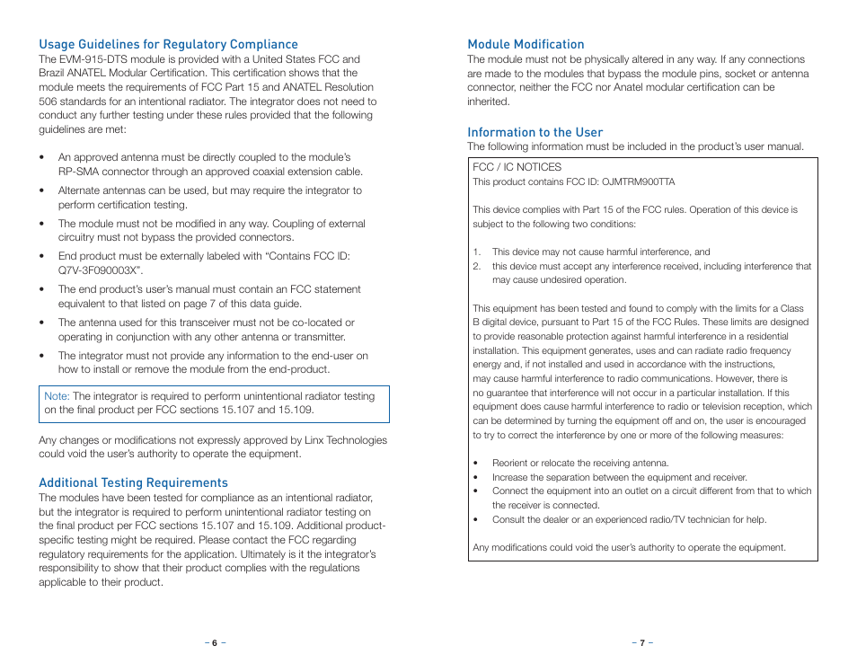 Usage guidelines for regulatory compliance, Additional testing requirements, Module modification | Information to the user | Linx Technologies EVM-915-DTS User Manual | Page 6 / 9