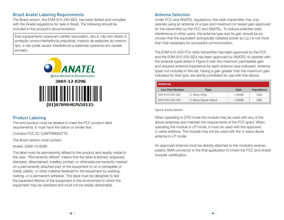 Brazil anatel labeling requirements, Product labeling, Antenna selection | Linx Technologies EVM-915-DTS User Manual | Page 7 / 9