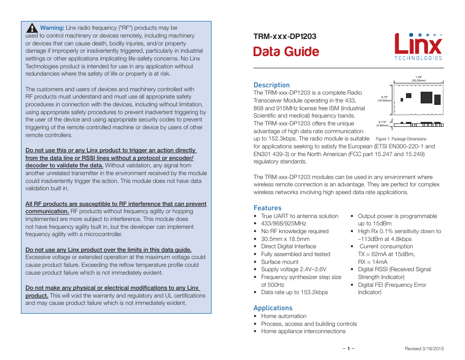 Description, Features, Applications | Data guide, Trm-xxx-dp1203 | Linx Technologies TRM-xxx-DP1203 User Manual | Page 3 / 15