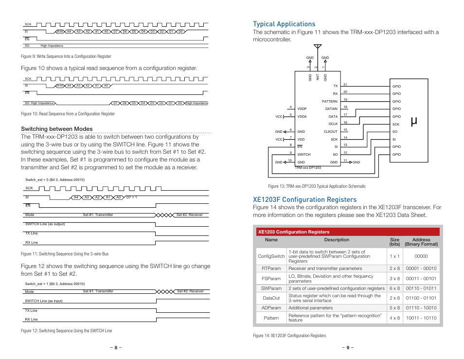 Typical applications, Xe1203f configuration registers | Linx Technologies TRM-xxx-DP1203 User Manual | Page 7 / 15