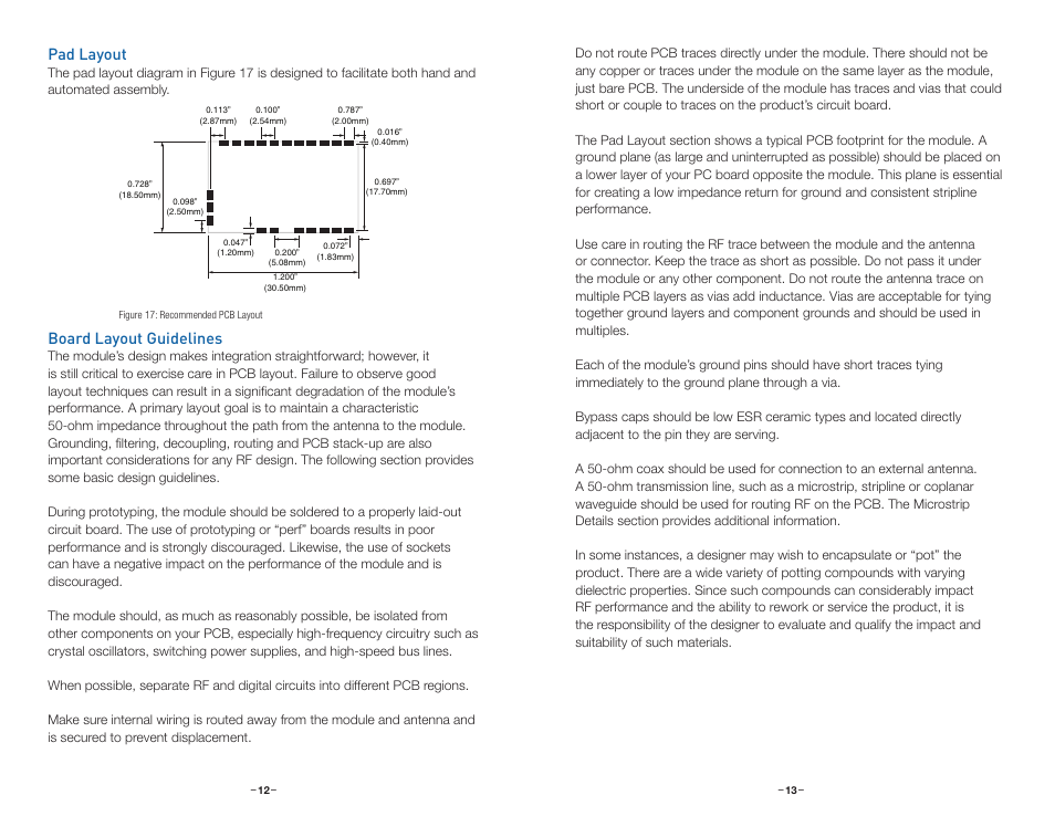 Pad layout, Board layout guidelines | Linx Technologies TRM-xxx-DP1203 User Manual | Page 9 / 15