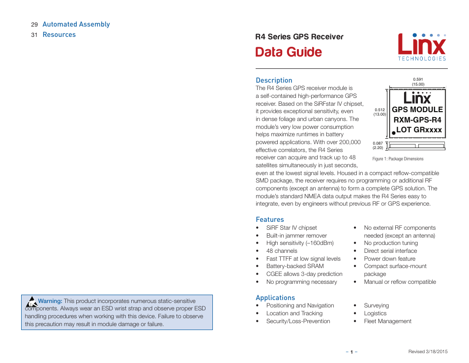 Description, Features, Applications | Data guide, R4 series gps receiver | Linx Technologies RXM-GPS-R4 User Manual | Page 3 / 19