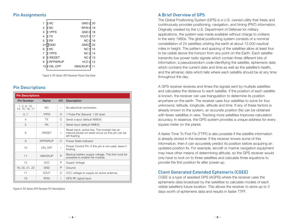 Pin assignments, Pin descriptions, A brief overview of gps | Client generated extended ephemeris (cgee), Pin assignments pin descriptions | Linx Technologies RXM-GPS-R4 User Manual | Page 5 / 19