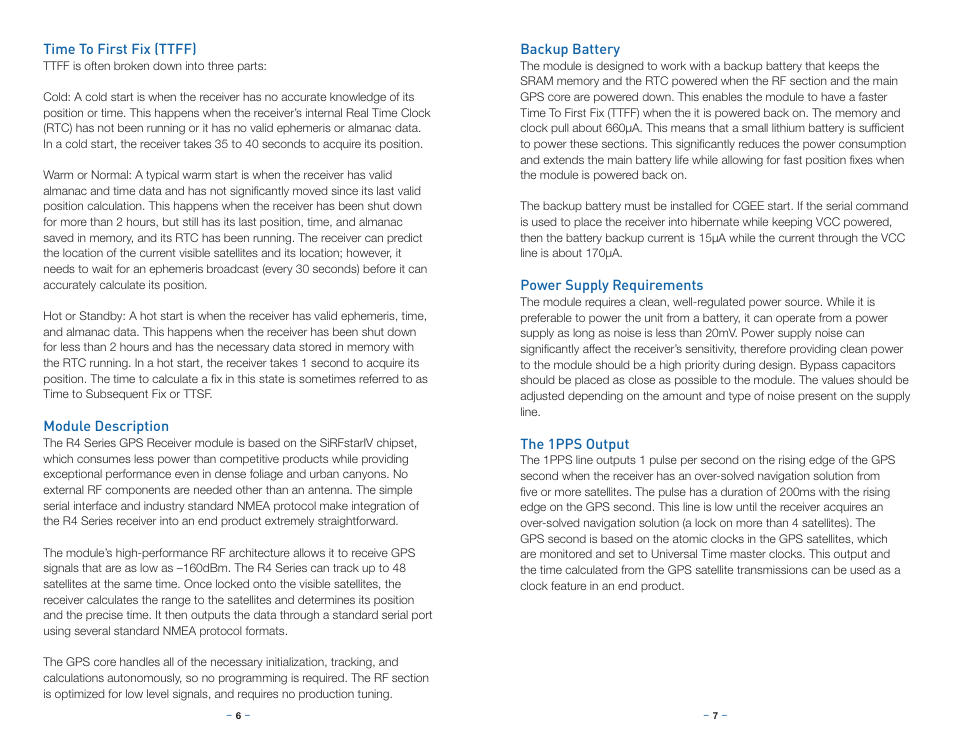 Time to first fix (ttff), Module description, Backup battery | Power supply requirements, The 1pps output | Linx Technologies RXM-GPS-R4 User Manual | Page 6 / 19