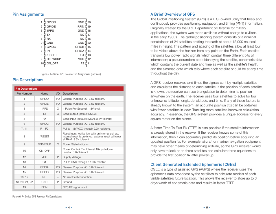Pin assignments, Pin descriptions, A brief overview of gps | Client generated extended ephemeris (cgee), Pin assignments pin descriptions | Linx Technologies RXM-GPS-F4 User Manual | Page 5 / 25