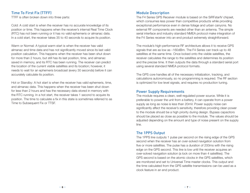 Time to first fix (ttff), Module description, Power supply requirements | The 1pps output | Linx Technologies RXM-GPS-F4 User Manual | Page 6 / 25