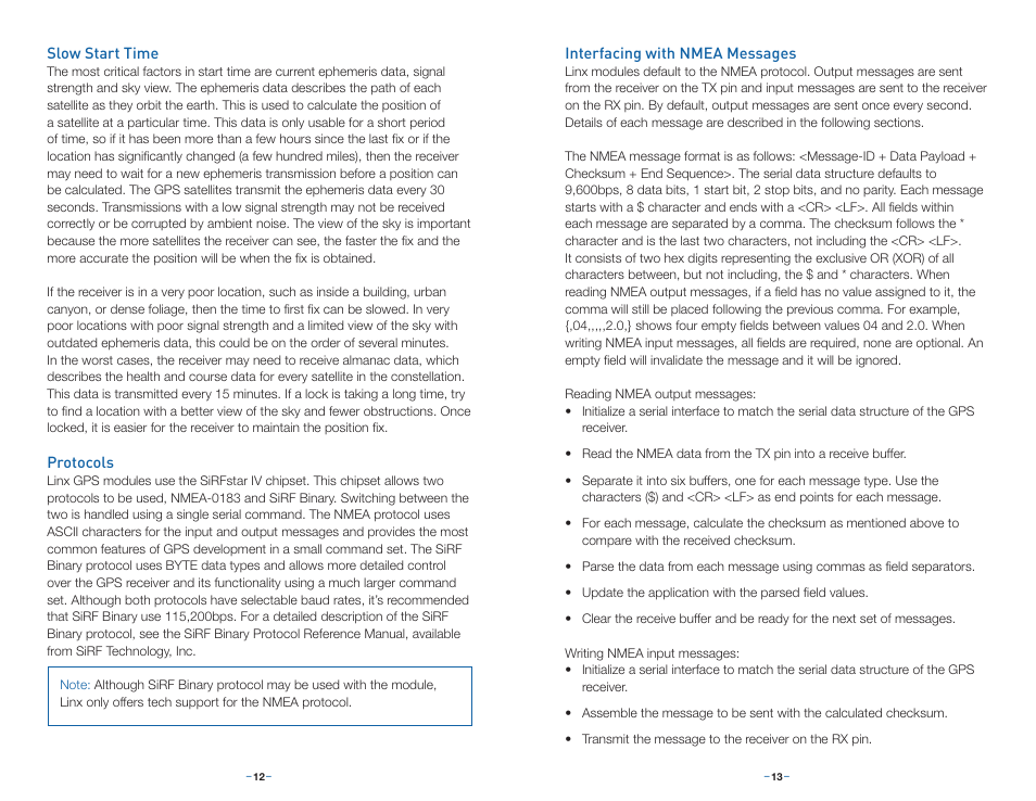 Slow start time, Protocols, Interfacing with nmea messages | Linx Technologies RXM-GPS-F4 User Manual | Page 9 / 25