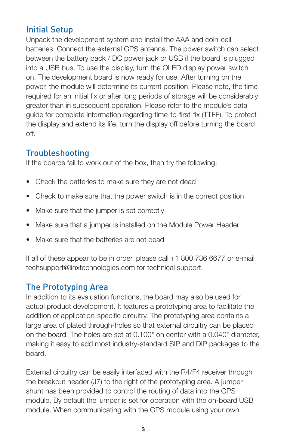 Initial setup, Troubleshooting, The prototyping area | Linx Technologies MDEV-GPS-R4 User Manual | Page 7 / 16