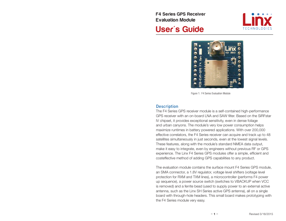 Description, User's guide | Linx Technologies EVM-GPS-F4 User Manual | Page 3 / 7