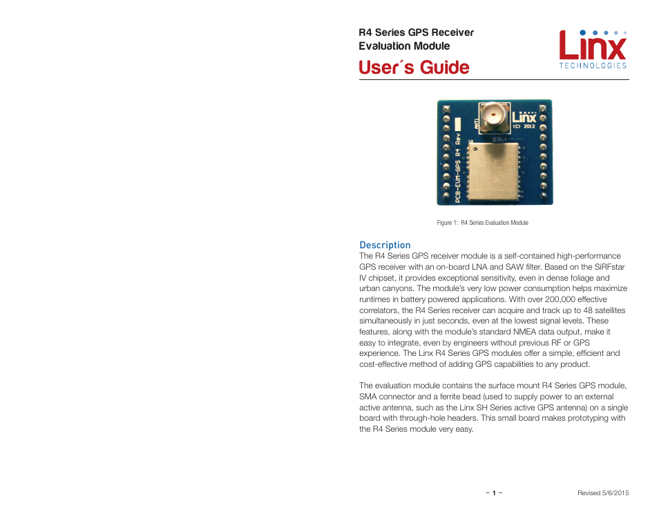 Description, User's guide | Linx Technologies EVM-GPS-R4 User Manual | Page 3 / 5