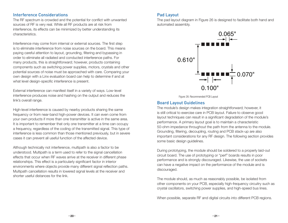 Interference considerations, Pad layout, Board layout guidelines | Linx Technologies TRM-xxx-LT User Manual | Page 13 / 19