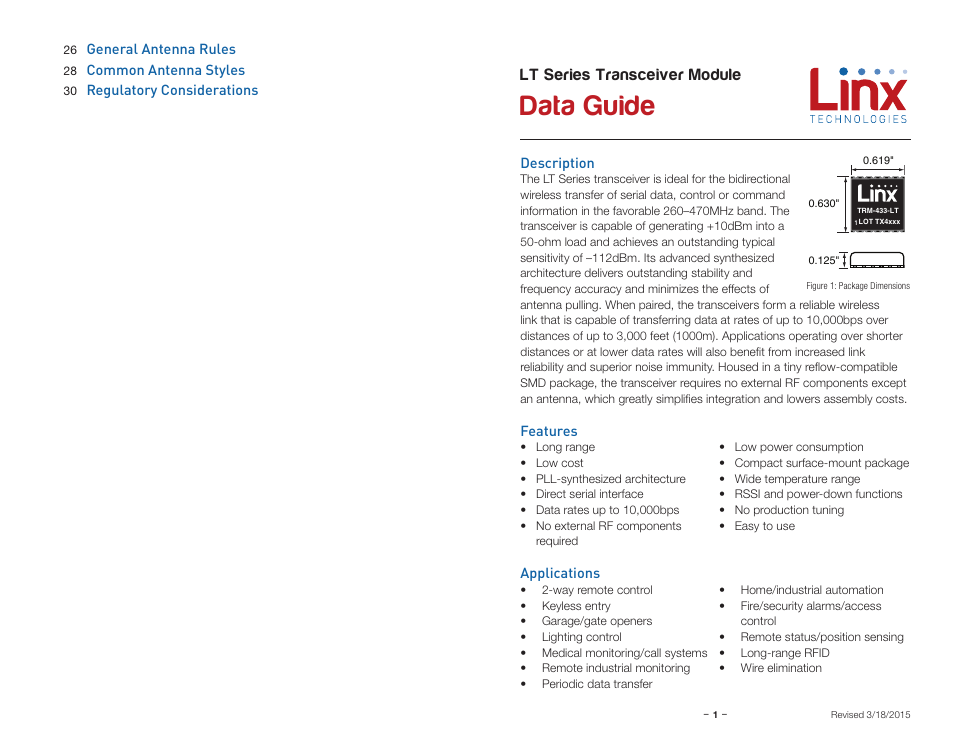 Description, Features, Applications | Data guide, Lt series transceiver module | Linx Technologies TRM-xxx-LT User Manual | Page 3 / 19