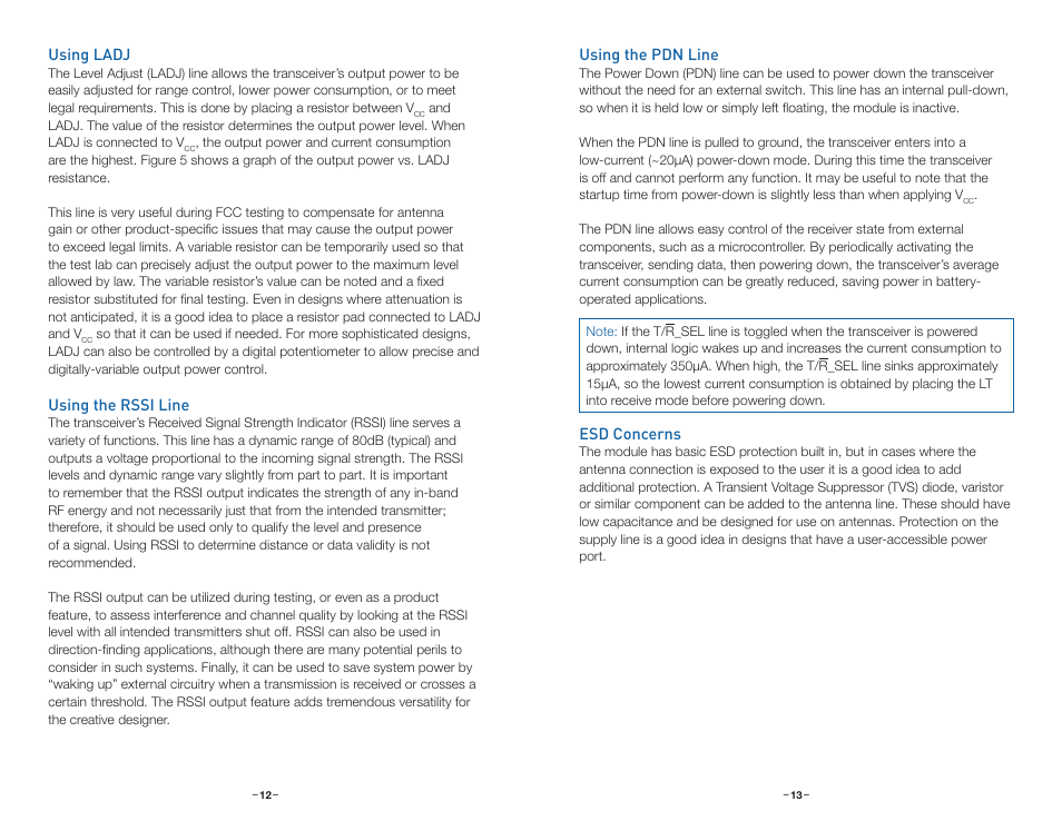 Using ladj, Using the rssi line, Using the pdn line | Esd concerns | Linx Technologies TRM-xxx-LT User Manual | Page 9 / 19