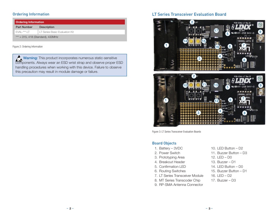 Ordering information, Lt series transceiver evaluation board, Board objects | Linx Technologies EVAL-xxx-LT User Manual | Page 4 / 9
