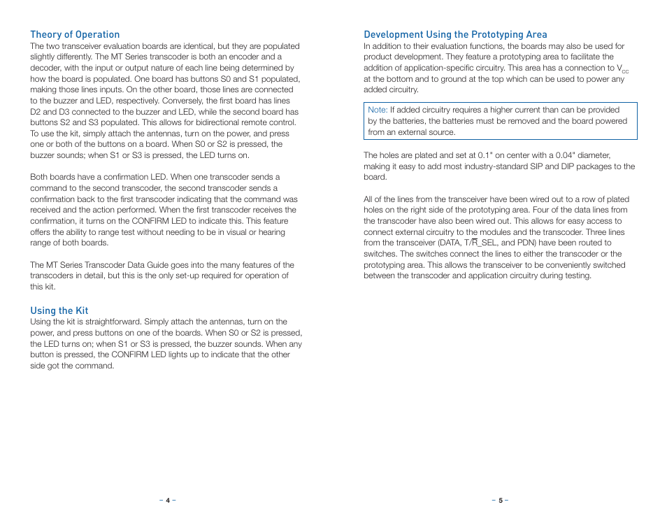Theory of operation, Using the kit, Development using the prototyping area | Linx Technologies EVAL-xxx-LT User Manual | Page 5 / 9