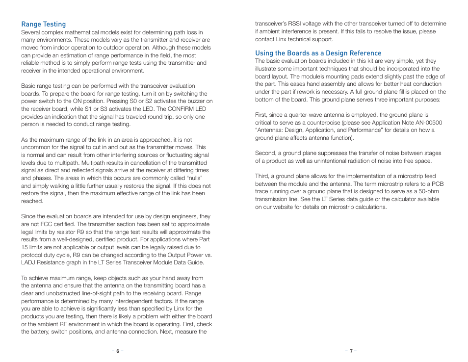 Range testing, Using the boards as a design reference | Linx Technologies EVAL-xxx-LT User Manual | Page 6 / 9