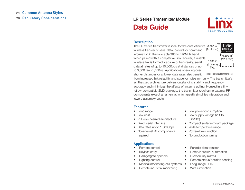 Description, Features, Applications | Data guide, Lr series transmitter module | Linx Technologies TXM-xxx-LR User Manual | Page 3 / 17