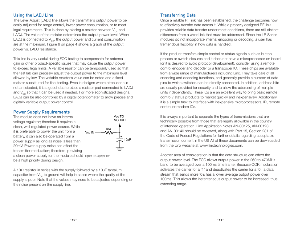 Using the ladj line, Power supply requirements, Transferring data | Linx Technologies TXM-xxx-LR User Manual | Page 8 / 17