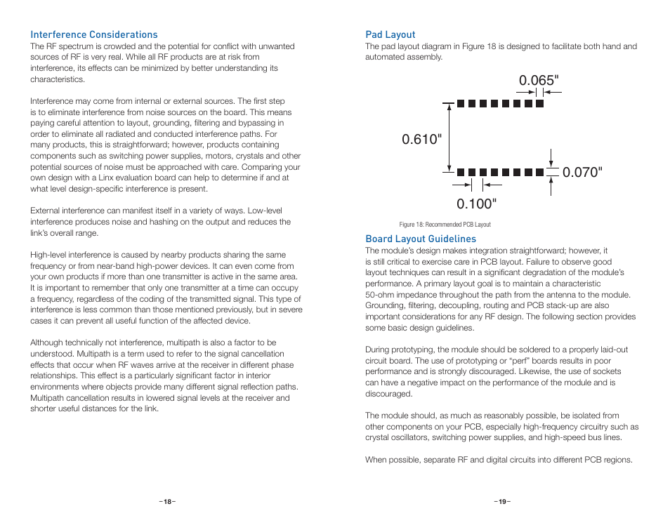 Interference considerations, Pad layout, Board layout guidelines | Linx Technologies RXM-xxx-LR User Manual | Page 12 / 19