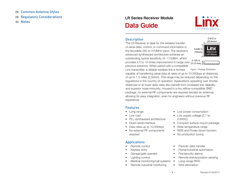 Description, Features, Applications | Data guide, Lr series receiver module | Linx Technologies RXM-xxx-LR User Manual | Page 3 / 19