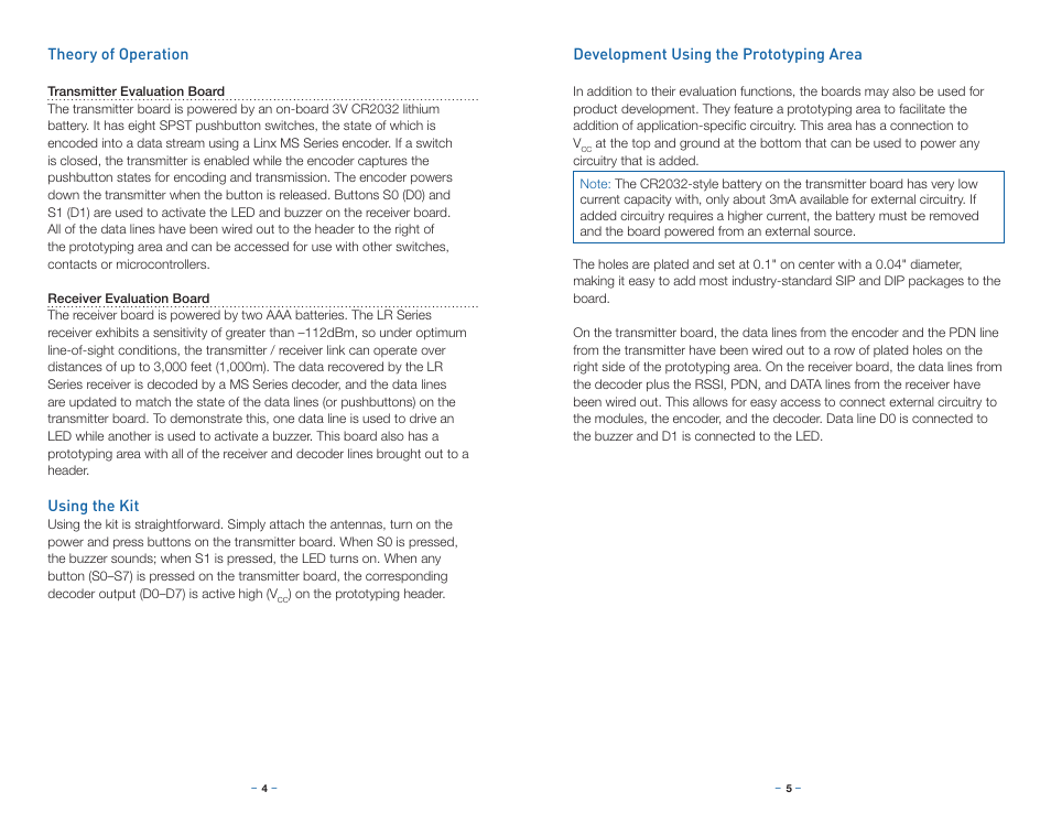 Theory of operation, Using the kit, Development using the prototyping area | Linx Technologies EVAL-xxx-LR User Manual | Page 5 / 9