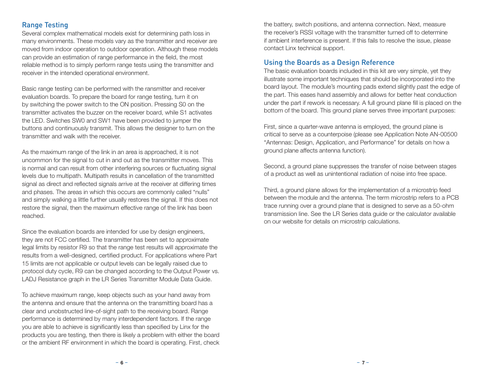 Range testing, Using the boards as a design reference | Linx Technologies EVAL-xxx-LR User Manual | Page 6 / 9
