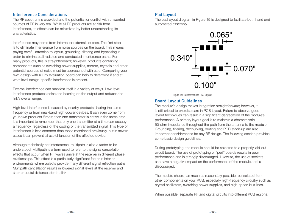 Interference considerations, Pad layout, Board layout guidelines | Linx Technologies TXM-xxx-LC User Manual | Page 11 / 17