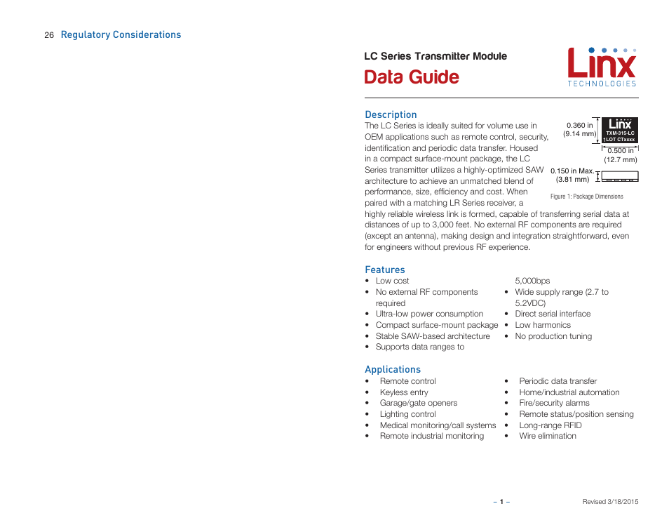 Description, Features, Applications | Data guide | Linx Technologies TXM-xxx-LC User Manual | Page 3 / 17