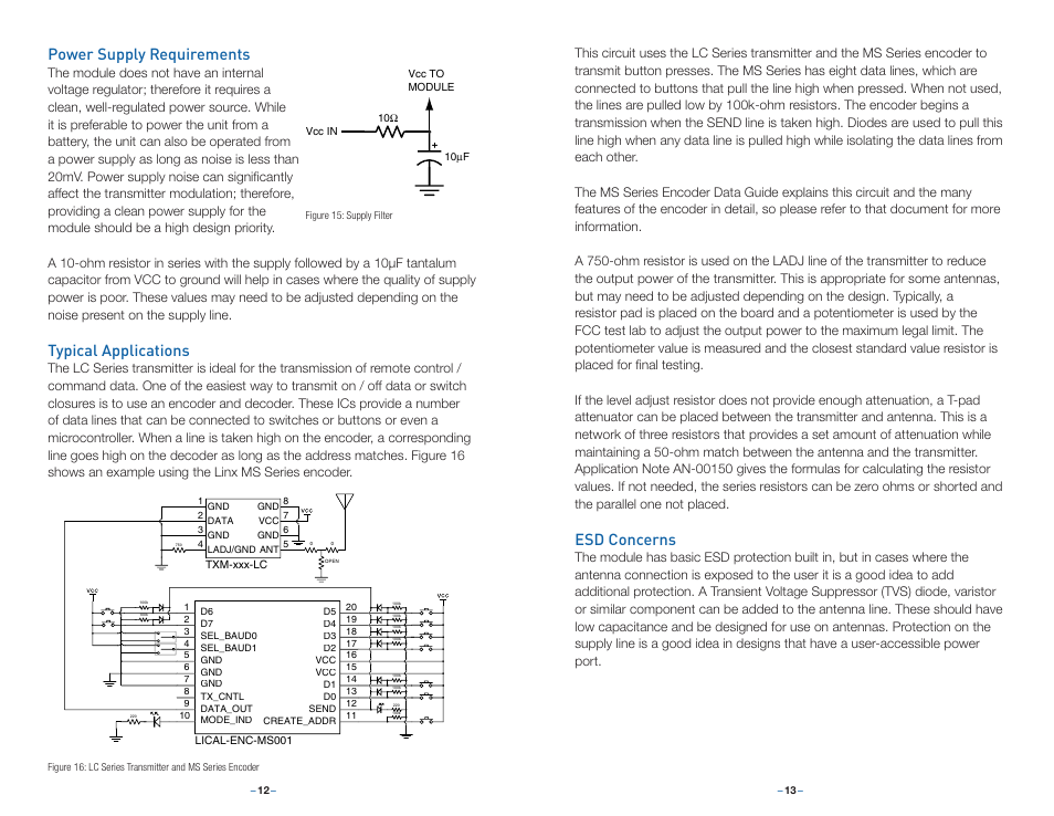 Power supply requirements, Typical applications, Esd concerns | Linx Technologies TXM-xxx-LC User Manual | Page 9 / 17