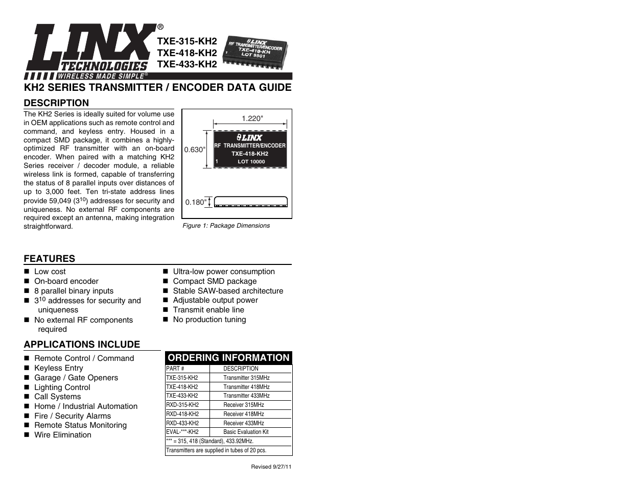 Linx Technologies TXE-xxx-KH2 User Manual | 11 pages