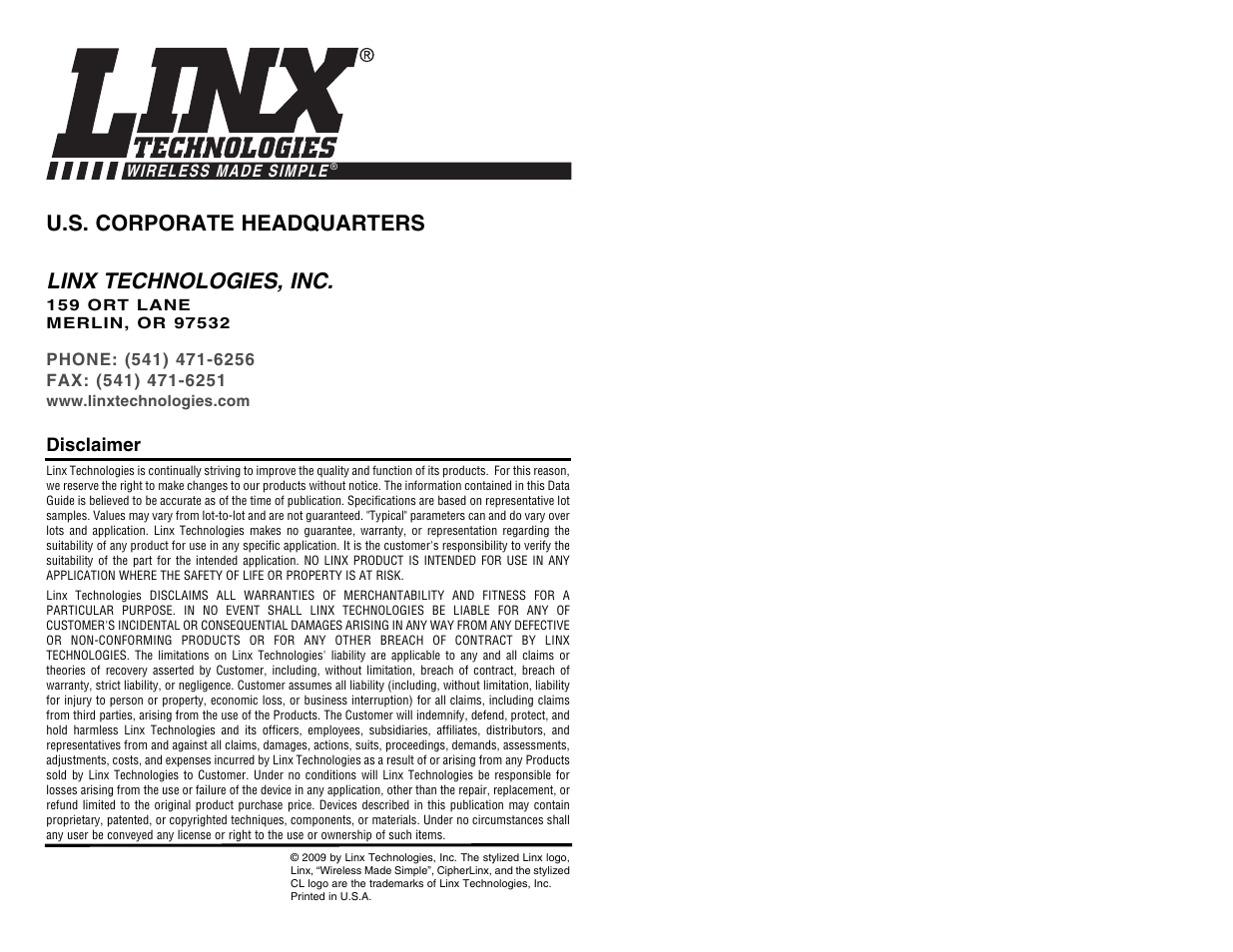 Linx technologies, inc, U.s. corporate headquarters | Linx Technologies TXE-xxx-KH2 User Manual | Page 11 / 11