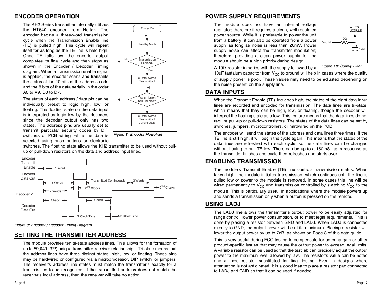 Power supply requirements, Data inputs, Enabling transmission | Using ladj, Encoder operation, Setting the transmitter address | Linx Technologies TXE-xxx-KH2 User Manual | Page 4 / 11