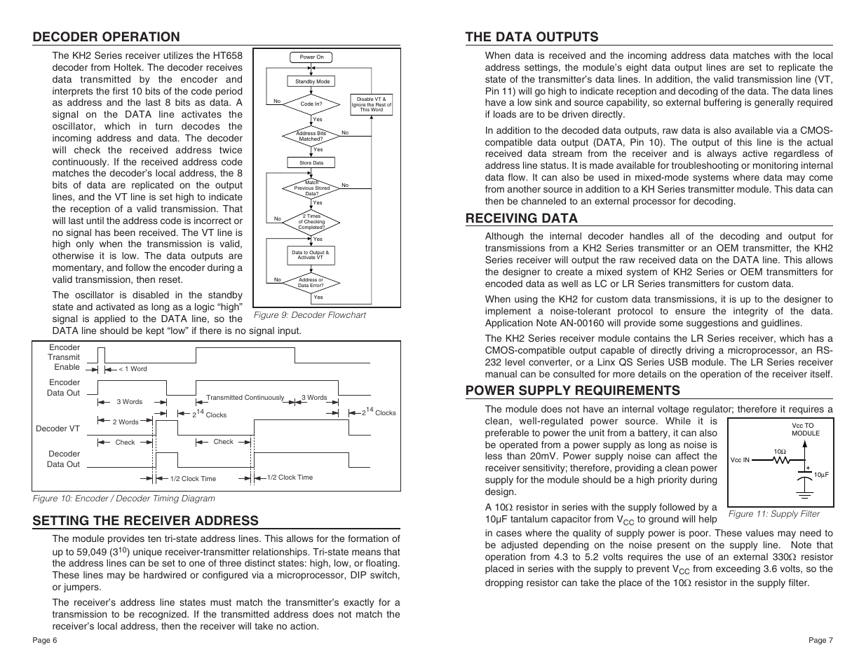 Decoder operation, Setting the receiver address, The data outputs | Receiving data, Power supply requirements | Linx Technologies RXD-xxx-KH2 User Manual | Page 4 / 11