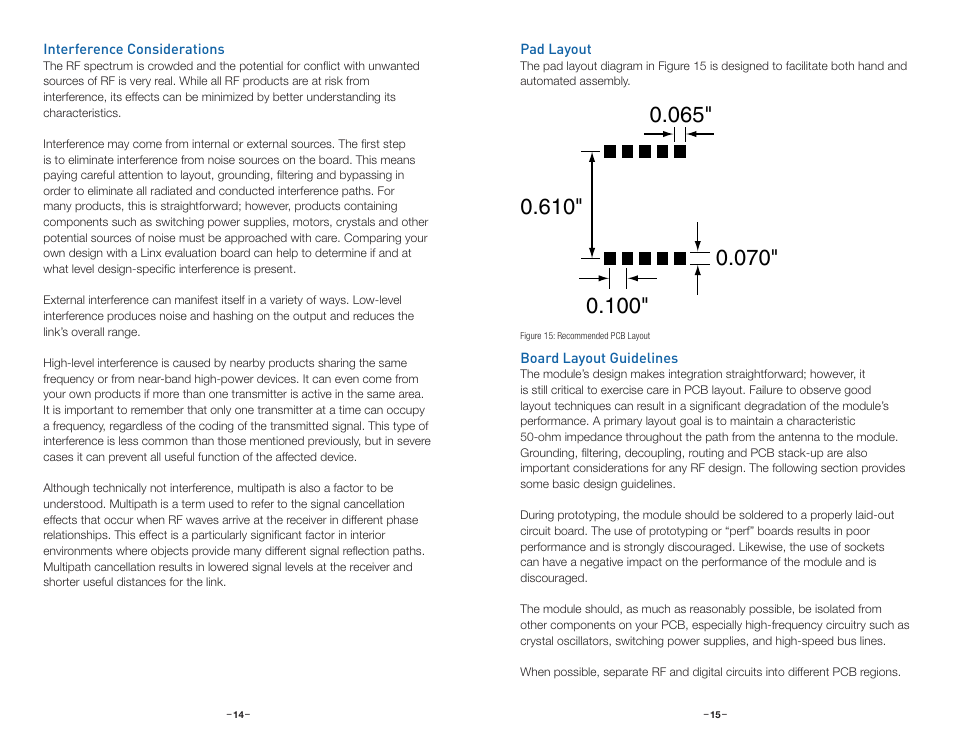 Interference considerations, Pad layout, Board layout guidelines | Linx Technologies TXM-xxx-ES User Manual | Page 10 / 17