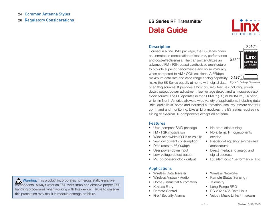 Description, Features, Applications | Data guide, Es series rf transmitter | Linx Technologies TXM-xxx-ES User Manual | Page 3 / 17