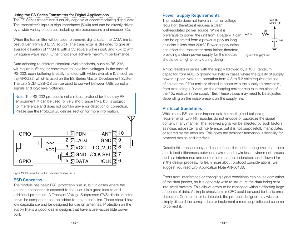Esd concerns, Power supply requirements, Protocol guidelines | Linx Technologies TXM-xxx-ES User Manual | Page 9 / 17