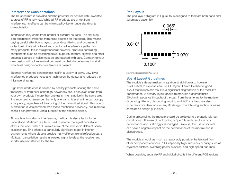 Interference considerations, Pad layout, Board layout guidelines | Linx Technologies RXM-xxx-ES User Manual | Page 10 / 17