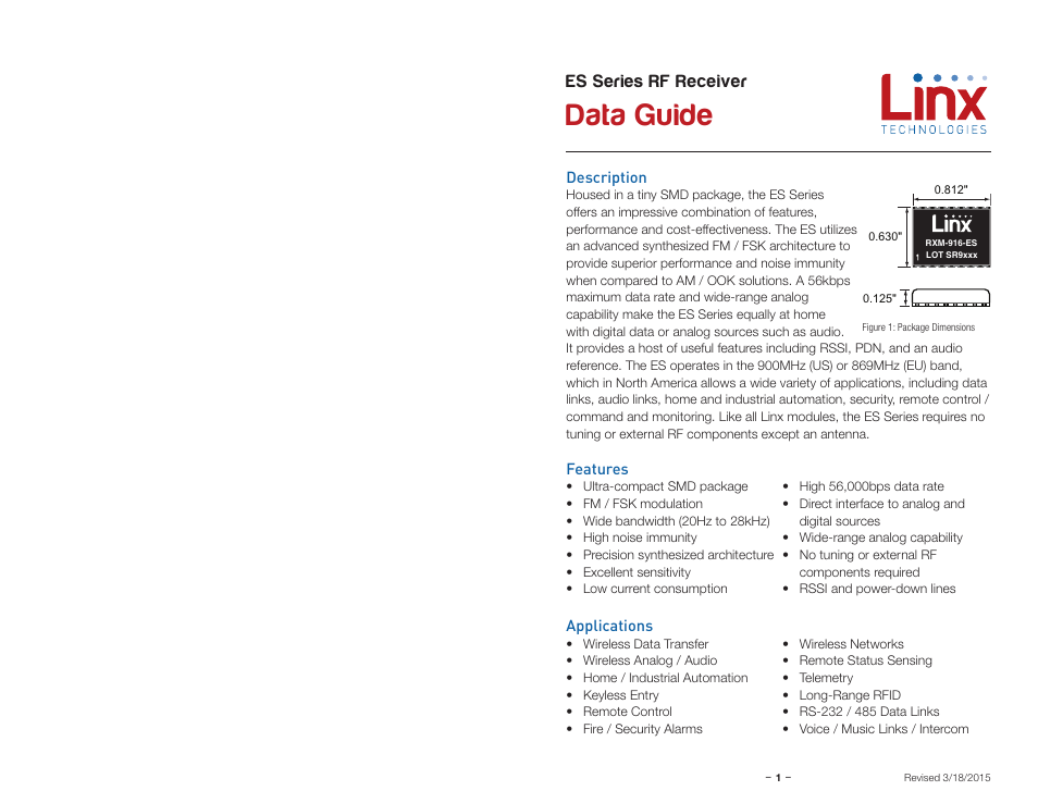Description, Features, Applications | Data guide, Es series rf receiver | Linx Technologies RXM-xxx-ES User Manual | Page 3 / 17