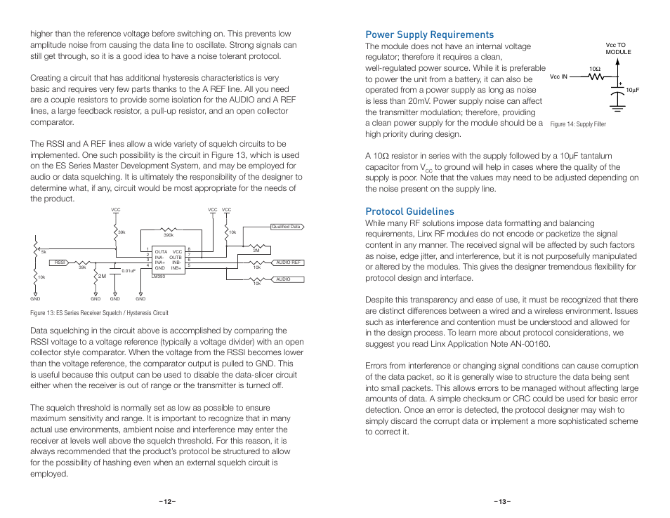 Power supply requirements, Protocol guidelines | Linx Technologies RXM-xxx-ES User Manual | Page 9 / 17