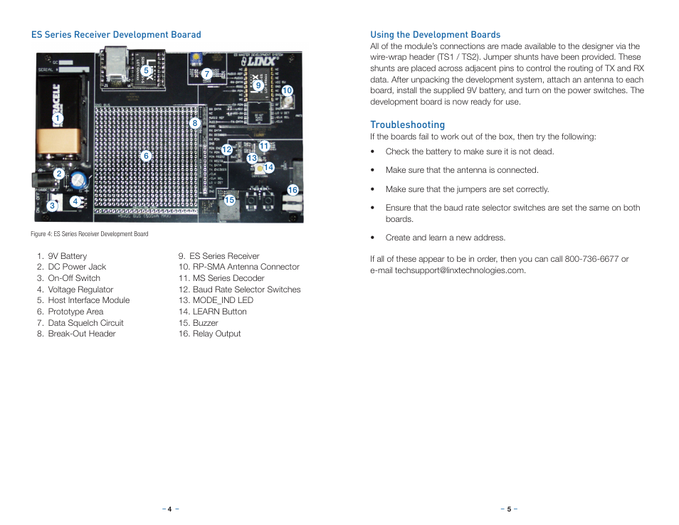 Es series receiver development boarad, Using the development boards, Troubleshooting | Linx Technologies MDEV-xxx-ES User Manual | Page 5 / 11