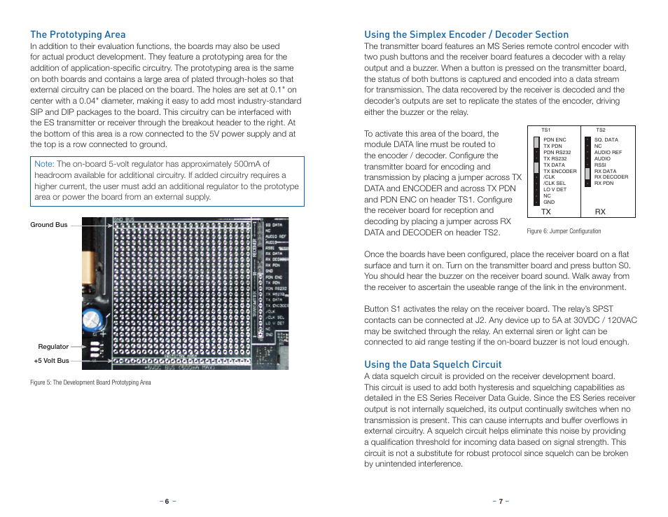 The prototyping area, Using the simplex encoder / decoder section, Using the data squelch circuit | Linx Technologies MDEV-xxx-ES User Manual | Page 6 / 11