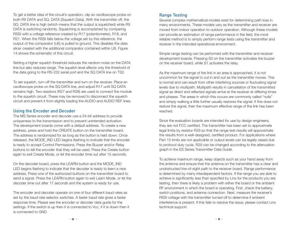 Using the encoder and decoder, Range testing | Linx Technologies MDEV-xxx-ES User Manual | Page 7 / 11