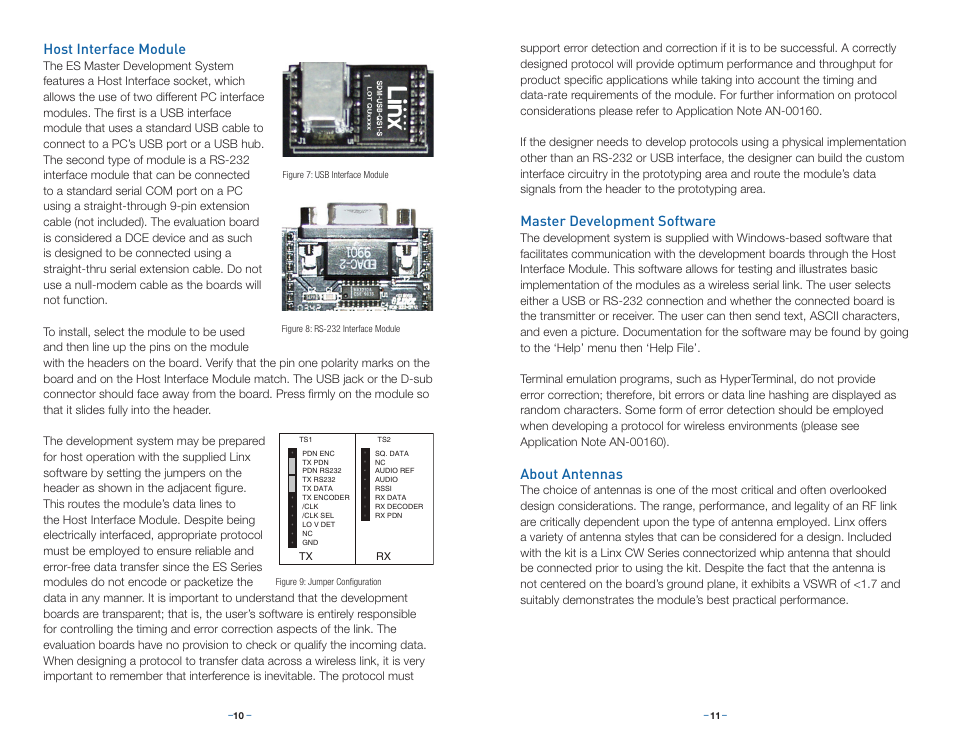 Host interface module, Master development software, About antennas | Linx Technologies MDEV-xxx-ES User Manual | Page 8 / 11