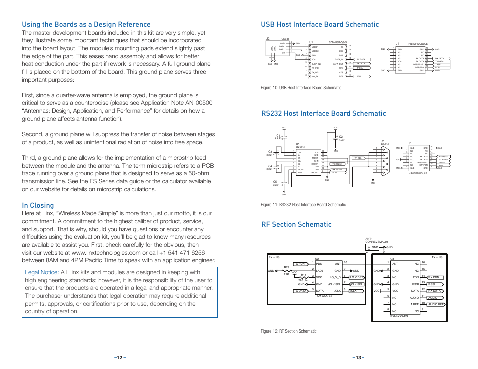 Using the boards as a design reference, In closing, Usb host interface board schematic | Rs232 host interface board schematic, Rf section schematic, Figure 10: usb host interface board schematic | Linx Technologies MDEV-xxx-ES User Manual | Page 9 / 11