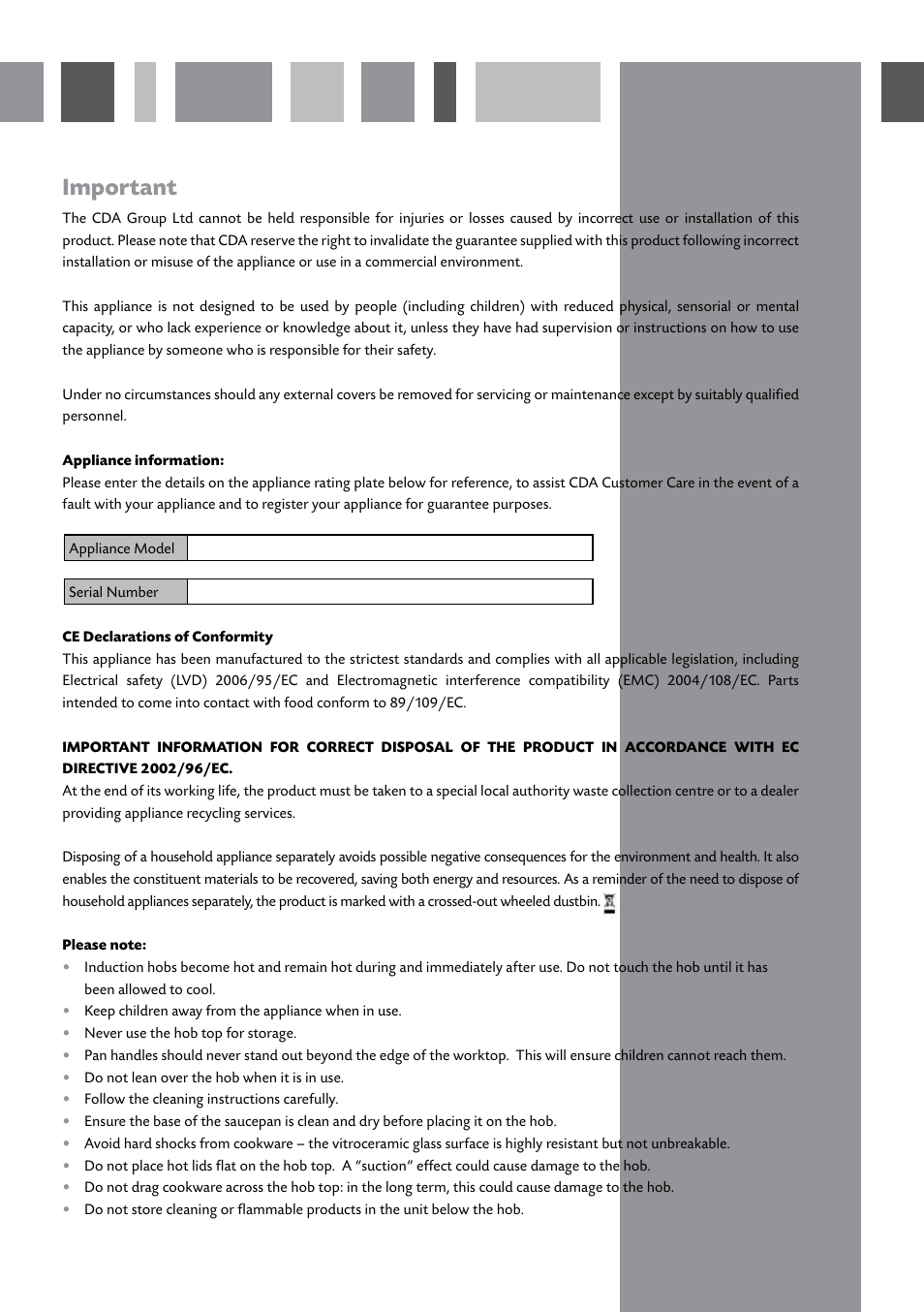 Important | CDA INDUCTION HOB HVN61/81 User Manual | Page 2 / 16